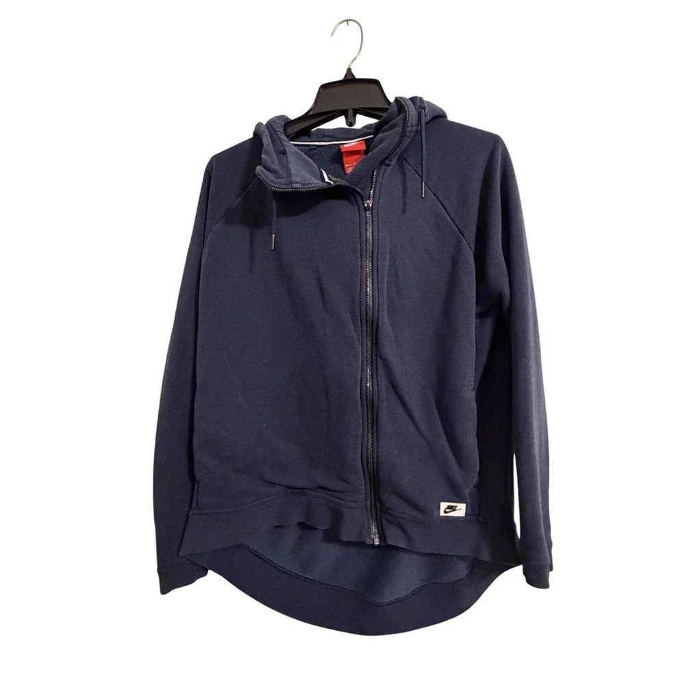 Nike Asymmetrical Full Zip Sweatshirt Hoodie Woman's M Swoosh‎ Logo Navy Blue